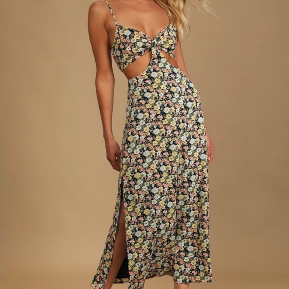 Navy blue floral cut-out midi dress